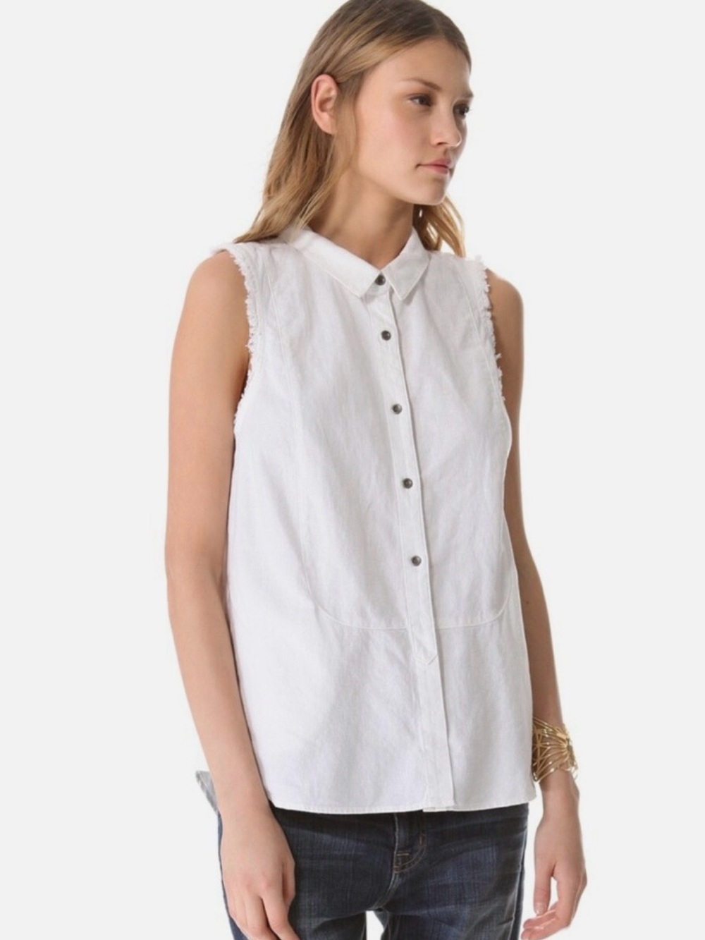 Free People Sleeveless White Button-Down Collared Top
